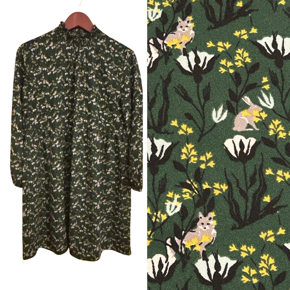 Loft Dark Green Floral Animal Print Long-Sleeve Smocked Neck Dress - Size M
